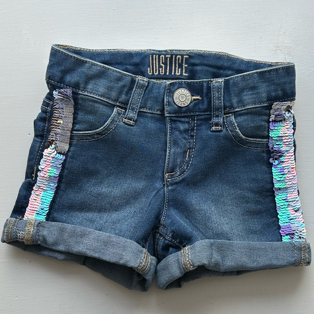 Justice Sequined Denim Girl's Shorts Size 7 Slim - Fun Iridescent Sparkly EUC